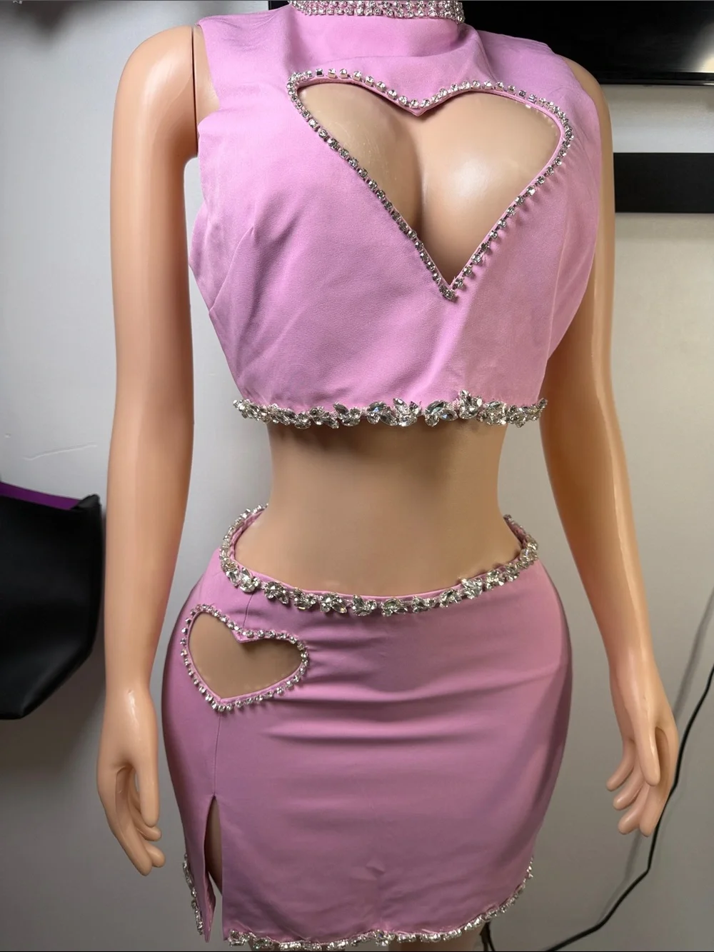 Pink Rhinestone Heart Cutout Crop Top & Skirt Set